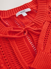Orange Red Cotton Tie Front Stitch Cardigan - Image 6 of 7