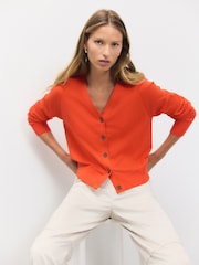 Bright Orange Soft Touch V-Neck Button Up Cardigan with Cotton - Image 3 of 7