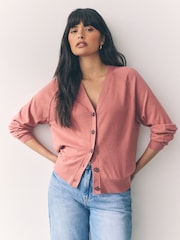 Blush Pink Soft Touch V-Neck Button Up Cardigan with Cotton - Image 1 of 7