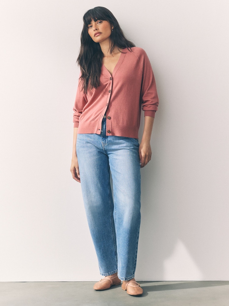 Blush Pink Soft Touch V-Neck Button Up Cardigan with Cotton - Image 2 of 7