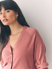 Blush Pink Soft Touch V-Neck Button Up Cardigan with Cotton - Image 4 of 7