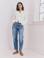 White Textured Skinny Rib Crew Neck Cardigan - Image 2 of 9