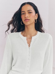 White Textured Skinny Rib Crew Neck Cardigan - Image 3 of 9