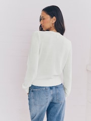 White Textured Skinny Rib Crew Neck Cardigan - Image 4 of 9