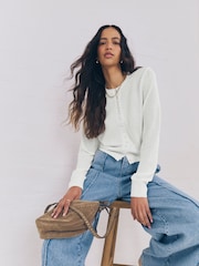 White Textured Skinny Rib Crew Neck Cardigan - Image 5 of 9