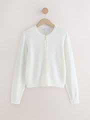 White Textured Skinny Rib Crew Neck Cardigan - Image 7 of 9