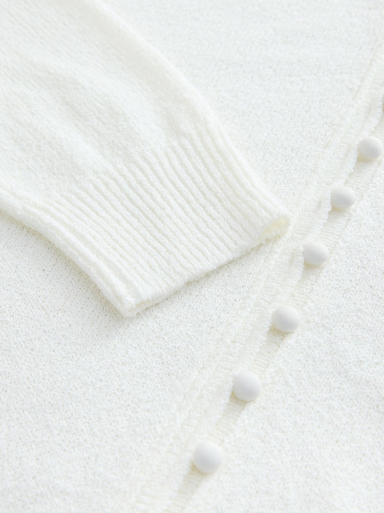 White Textured Skinny Rib Crew Neck Cardigan - Image 9 of 9