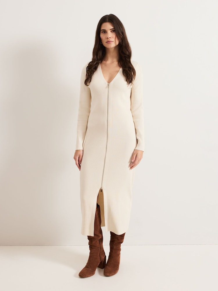 Phase Eight Natural Ella Maxi Zip Ribbed Dress - Image 1 of 7