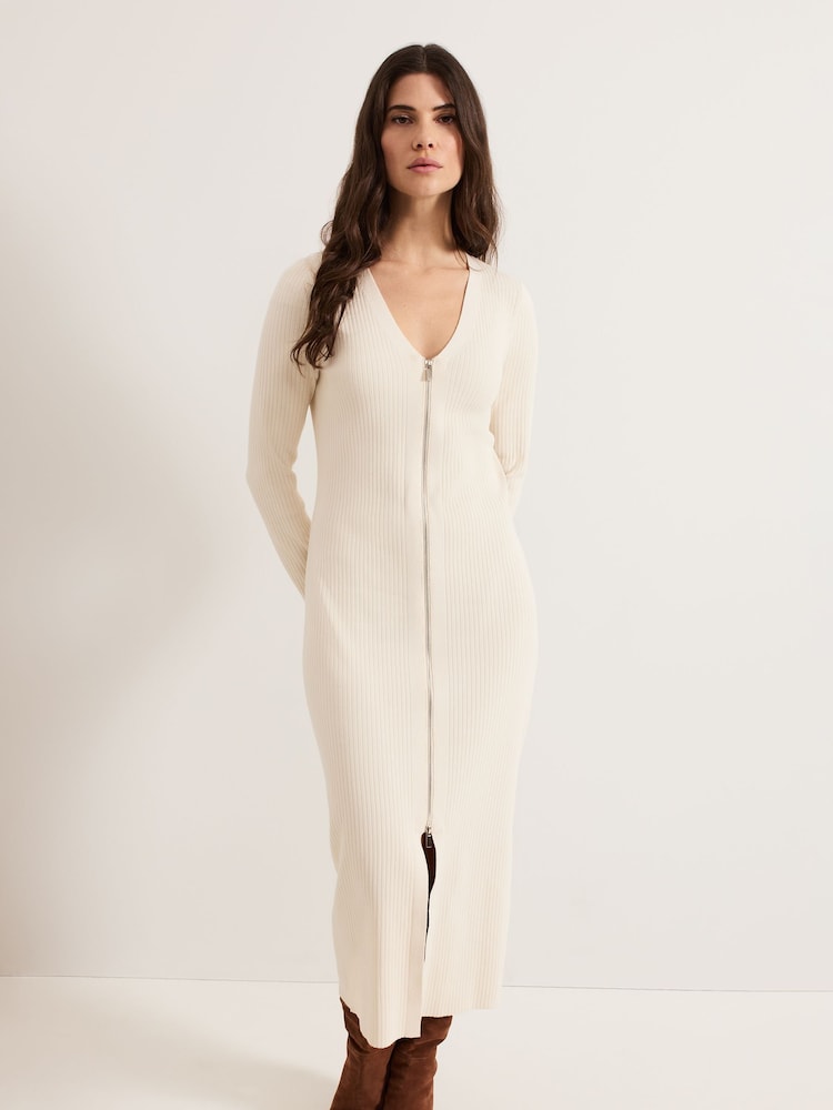 Phase Eight Natural Ella Maxi Zip Ribbed Dress - Image 3 of 7