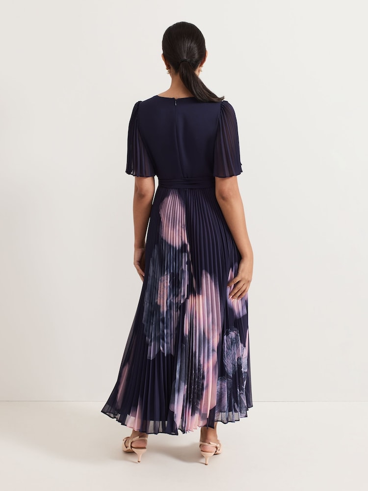 Phase Eight Blue Petite Abigail Printed Pleat Maxi Dress - Image 2 of 6
