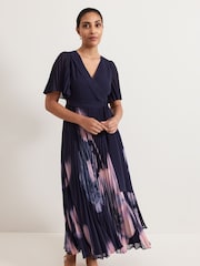 Phase Eight Blue Petite Abigail Printed Pleat Maxi Dress - Image 3 of 6