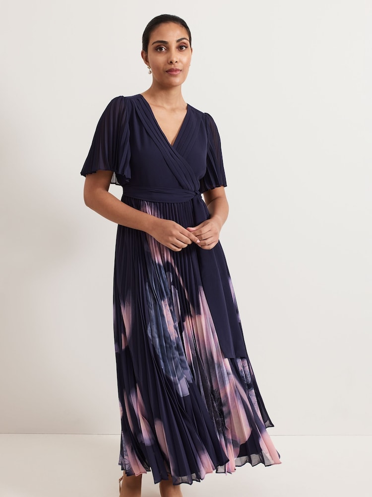 Phase Eight Blue Petite Abigail Printed Pleat Maxi Dress - Image 3 of 6