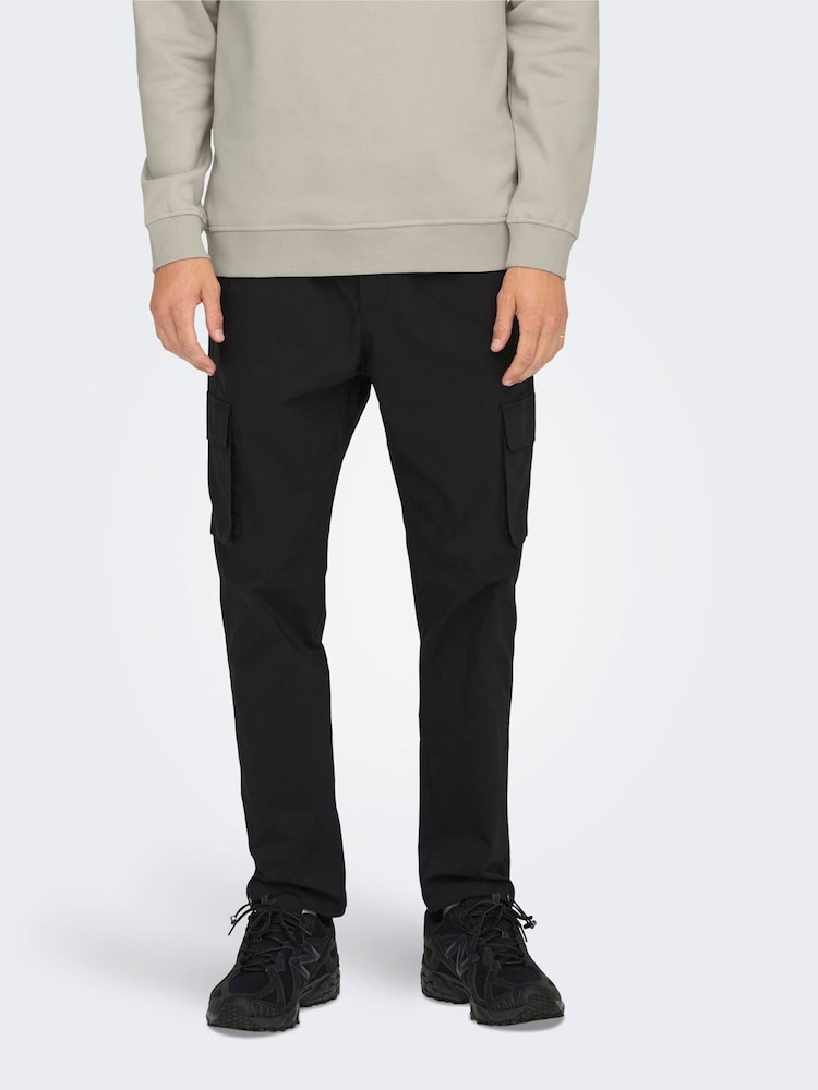 Only & Sons Black Slim Fit Straight Leg Tech Cargo Trousers - Image 2 of 6