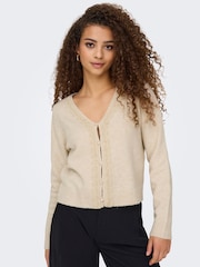 JDY Cream Knitted Long Sleeve Lace Detail Button Cardgian - Image 1 of 6