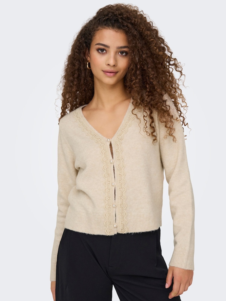JDY Cream Knitted Long Sleeve Lace Detail Button Cardgian - Image 1 of 6