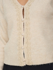 JDY Cream Knitted Long Sleeve Lace Detail Button Cardgian - Image 4 of 6