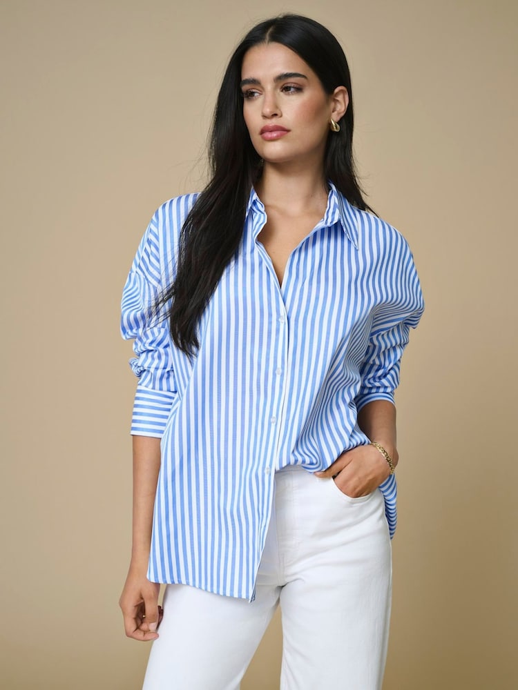 JDY White Long Sleeve Oversized Stripe Shirt - Image 1 of 5