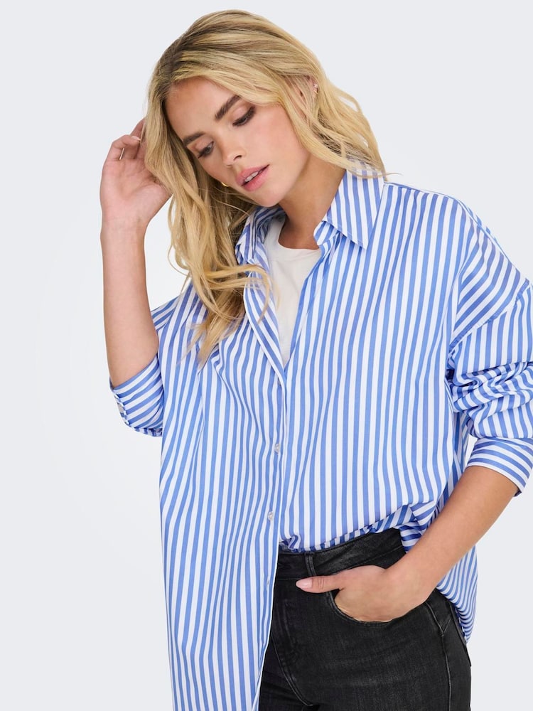 JDY White Long Sleeve Oversized Stripe Shirt - Image 2 of 5