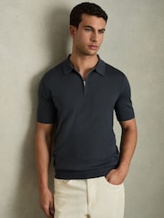 Reiss Blackened Blue Maxwell Merino Wool Half-Zip Polo Shirt - Image 1 of 7