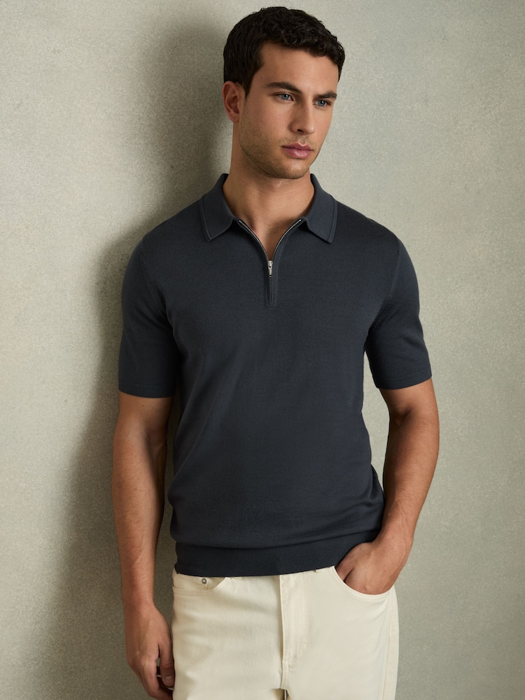 Reiss Blackened Blue Maxwell Merino Wool Half-Zip Polo Shirt - Image 1 of 7