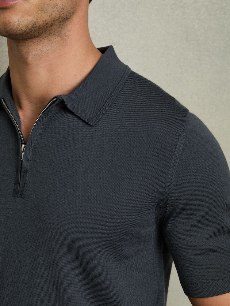 Buy Reiss Blackened Blue Maxwell Merino Wool Half-Zip Polo Shirt