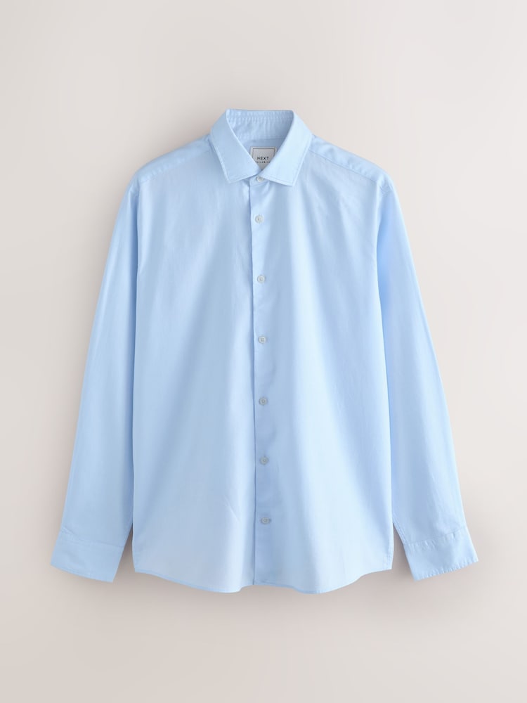 Light Blue Regular Fit Washed Dobby Long Sleeve Smart Cutaway Collar 100% Cotton Shirt - Image 1 of 3
