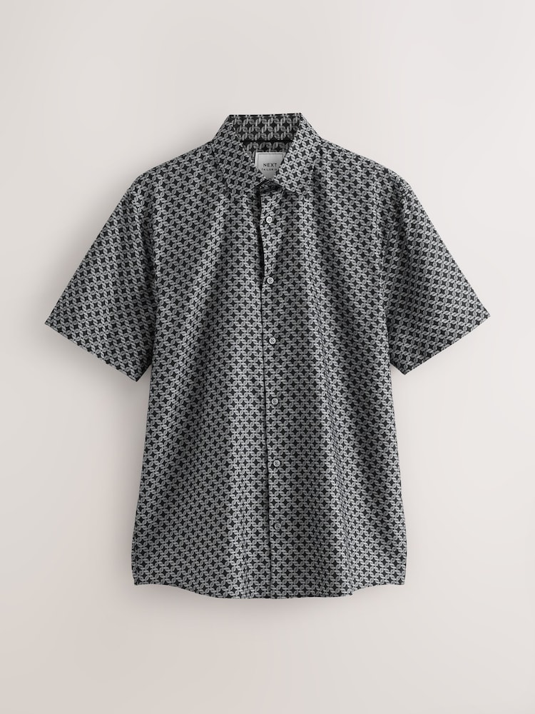 Black Link Regular Fit 100% Cotton Geometric Print Short Sleeve Smart Shirt - Image 1 of 3 Black Link Regular Fit 100% Cotton Geometric Print Short Sleeve Smart Shirt - Image 1 of 3