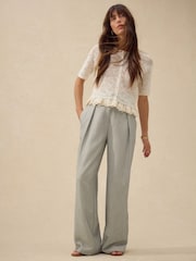 Grey Herringbone Elastic Back Wide Leg Trousers - Image 1 of 8