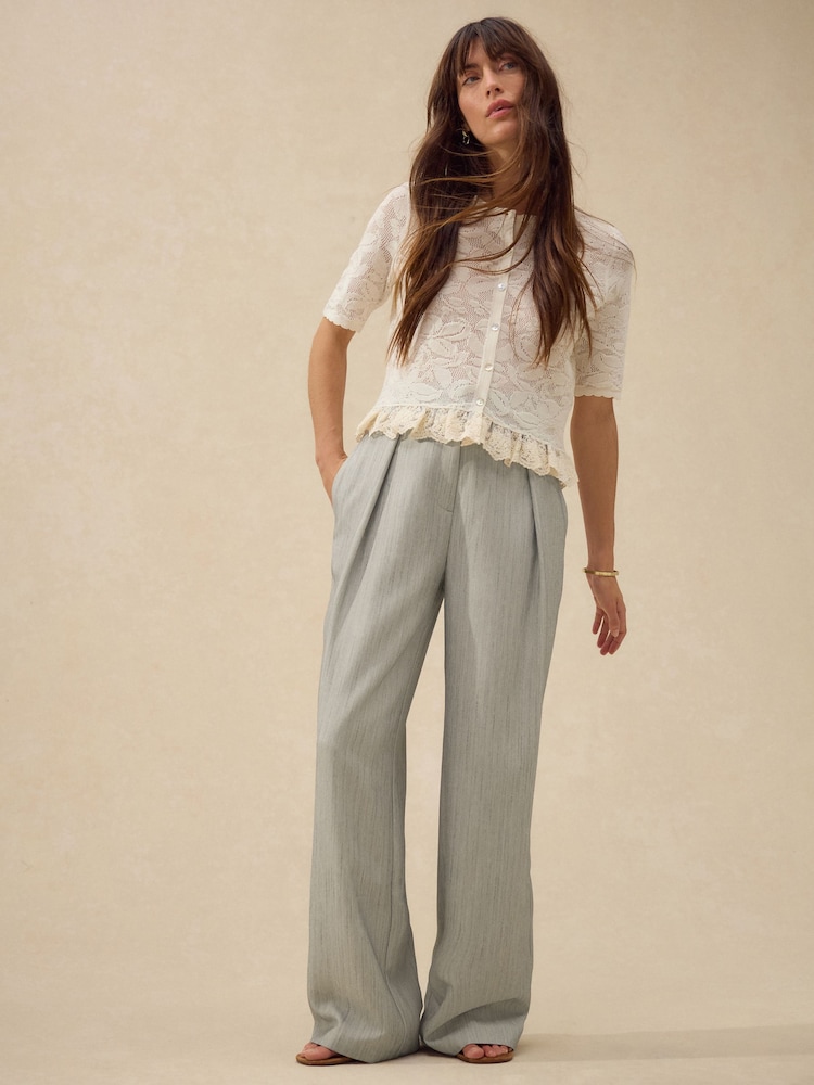 Grey Herringbone Elastic Back Wide Leg Trousers - Image 1 of 8