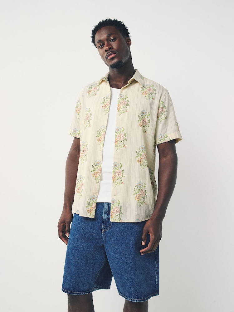 Ecru White/Pink Floral Regular Fit Print Short Sleeve Shirt - Image 1 of 8 Ecru White/Pink Floral Regular Fit Print Short Sleeve Shirt - Image 1 of 8