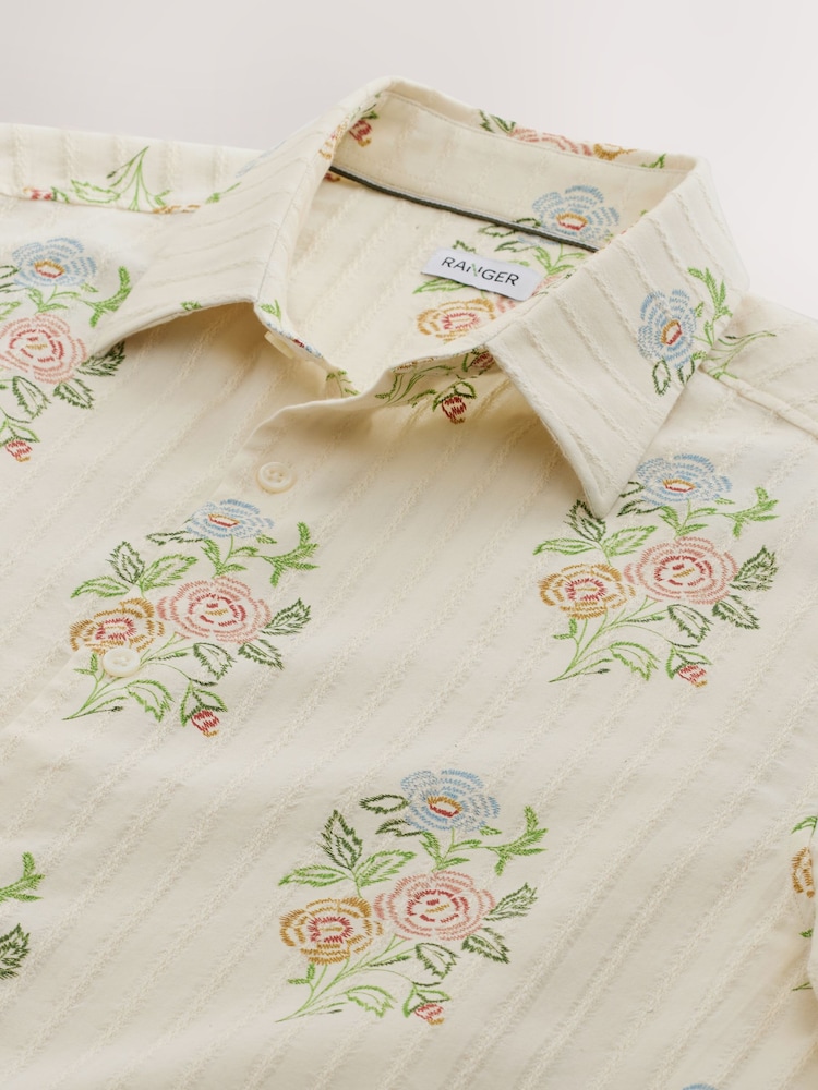 Ecru White/Pink Floral Regular Fit Print Short Sleeve Shirt - Image 8 of 8 Ecru White/Pink Floral Regular Fit Print Short Sleeve Shirt - Image 8 of 8