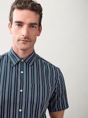 Navy Regular Fit Stripe Short Sleeve Lyocel Cotton Blend Smart Shirt - Image 1 of 8
