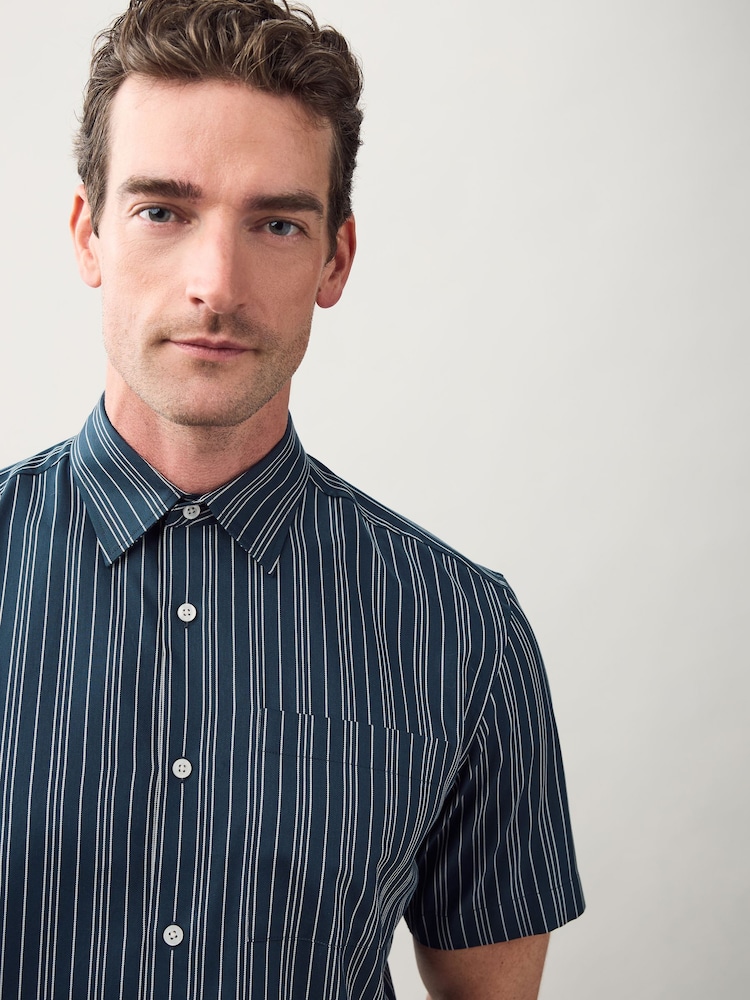 Navy Regular Fit Stripe Short Sleeve Lyocel Cotton Blend Smart Shirt - Image 1 of 8