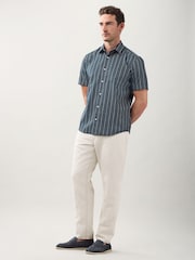 Navy Regular Fit Stripe Short Sleeve Lyocel Cotton Blend Smart Shirt - Image 2 of 8