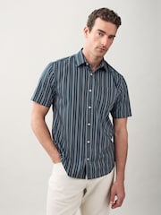 Navy Regular Fit Stripe Short Sleeve Lyocel Cotton Blend Smart Shirt - Image 4 of 8