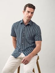 Navy Regular Fit Stripe Short Sleeve Lyocel Cotton Blend Smart Shirt - Image 5 of 8