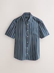 Navy Regular Fit Stripe Short Sleeve Lyocel Cotton Blend Smart Shirt - Image 6 of 8