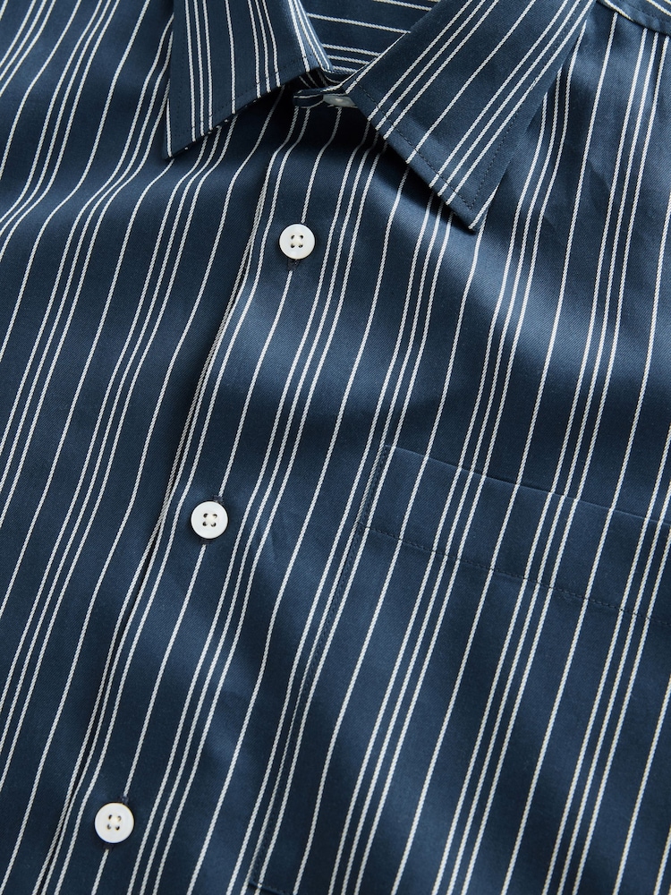 Navy Regular Fit Stripe Short Sleeve Lyocel Cotton Blend Smart Shirt - Image 8 of 8