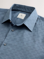 Dusky Blue Monogram Regular Fit 100% Cotton Geometric Print Short Sleeve Smart Shirt - Image 2 of 3