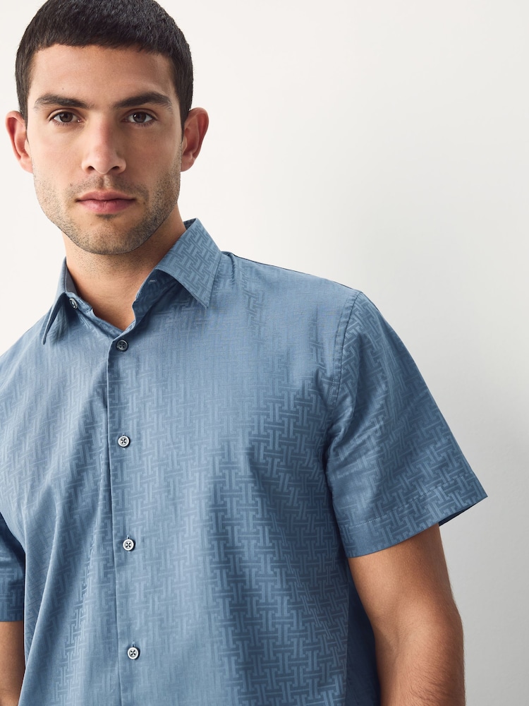 Dusky Blue Monogram Regular Fit 100% Cotton Geometric Print Short Sleeve Smart Shirt - Image 2 of 7 Dusky Blue Monogram Regular Fit 100% Cotton Geometric Print Short Sleeve Smart Shirt - Image 2 of 7