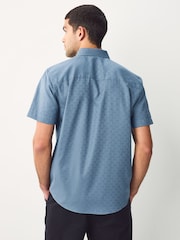 Dusky Blue Monogram Regular Fit 100% Cotton Geometric Print Short Sleeve Smart Shirt - Image 4 of 7
