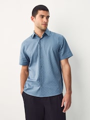 Dusky Blue Monogram Regular Fit 100% Cotton Geometric Print Short Sleeve Smart Shirt - Image 5 of 7