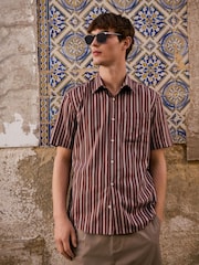 Burgundy Red Regular Fit Stripe Short Sleeve Lyocel Cotton Blend Smart Shirt - Image 1 of 10