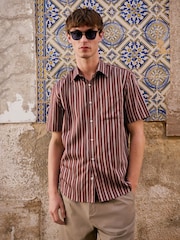Burgundy Red Regular Fit Stripe Short Sleeve Lyocel Cotton Blend Smart Shirt - Image 2 of 10