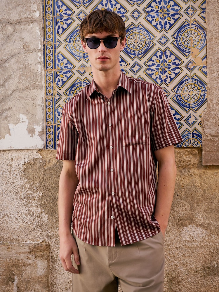 Burgundy Red Regular Fit Stripe Short Sleeve Lyocel Cotton Blend Smart Shirt - Image 2 of 10