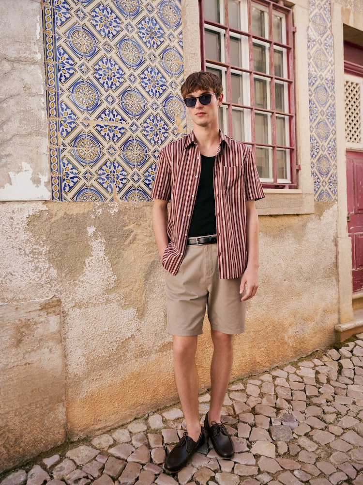 Burgundy Red Regular Fit Stripe Short Sleeve Lyocel Cotton Blend Smart Shirt - Image 2 of 7 Burgundy Red Regular Fit Stripe Short Sleeve Lyocel Cotton Blend Smart Shirt - Image 2 of 7