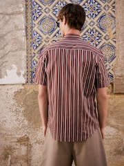 Burgundy Red Regular Fit Stripe Short Sleeve Lyocel Cotton Blend Smart Shirt - Image 3 of 10