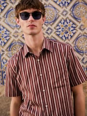 Burgundy Red Regular Fit Stripe Short Sleeve Lyocel Cotton Blend Smart Shirt - Image 4 of 10