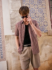 Burgundy Red Regular Fit Stripe Short Sleeve Lyocel Cotton Blend Smart Shirt - Image 5 of 10
