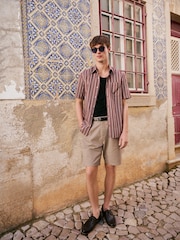 Burgundy Red Regular Fit Stripe Short Sleeve Lyocel Cotton Blend Smart Shirt - Image 6 of 10